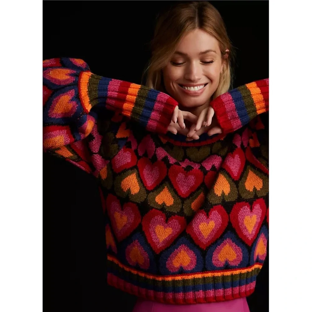 Farm Rio Full of Hearts Mock Neck Sweater Size Large - Picture 3 of 12